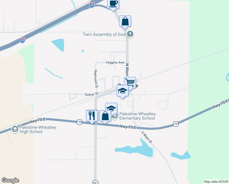 map of restaurants, bars, coffee shops, grocery stores, and more near 115 West Parker Avenue in Palestine
