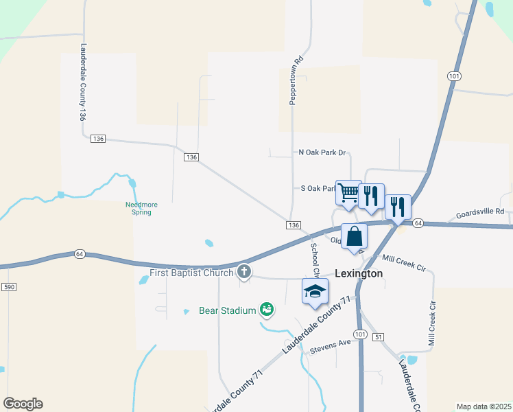 map of restaurants, bars, coffee shops, grocery stores, and more near 5054 County Road 136 in Lexington