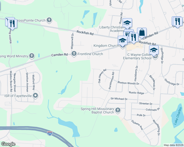 map of restaurants, bars, coffee shops, grocery stores, and more near 3843 Oak Haven Road in Hope Mills
