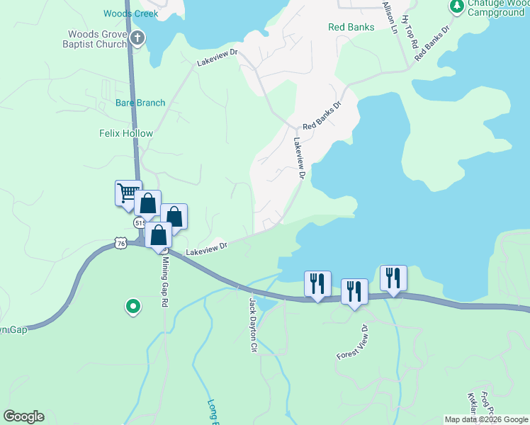 map of restaurants, bars, coffee shops, grocery stores, and more near 1724A Water Crest Way in Young Harris