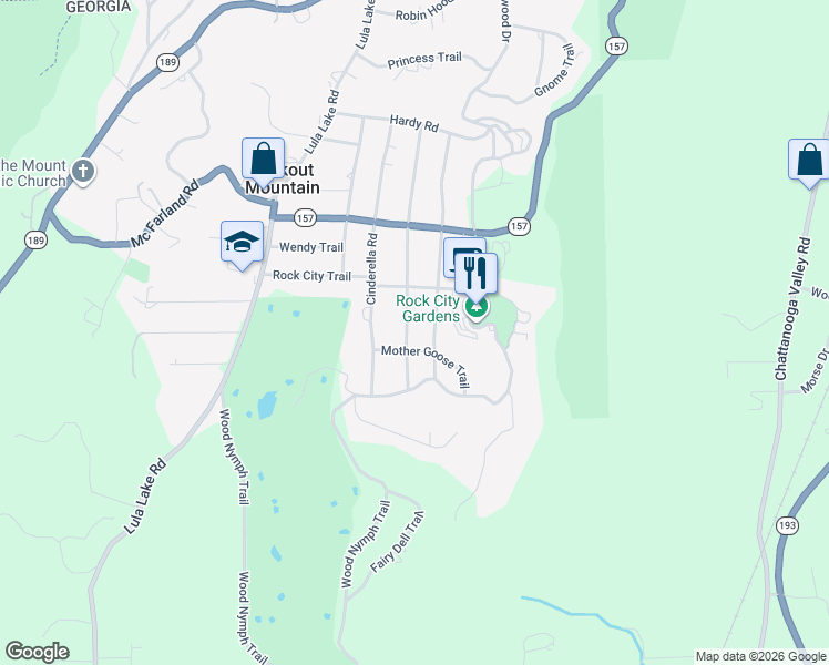 map of restaurants, bars, coffee shops, grocery stores, and more near 1404 Peter Pan Road in Lookout Mountain