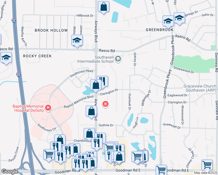 map of restaurants, bars, coffee shops, grocery stores, and more near 108 Clarington Drive in Southaven