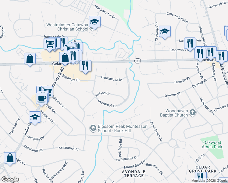 map of restaurants, bars, coffee shops, grocery stores, and more near 2448 Shiland Drive in Rock Hill
