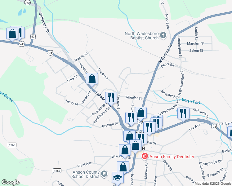 map of restaurants, bars, coffee shops, grocery stores, and more near 220 Wheeler Street in Wadesboro