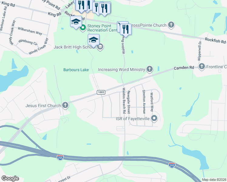 map of restaurants, bars, coffee shops, grocery stores, and more near 2620 Plum Ridge Road in Fayetteville