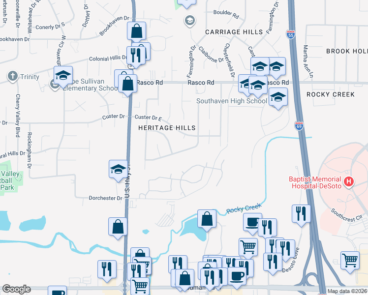 map of restaurants, bars, coffee shops, grocery stores, and more near 7664 Annesdale Drive in Southaven