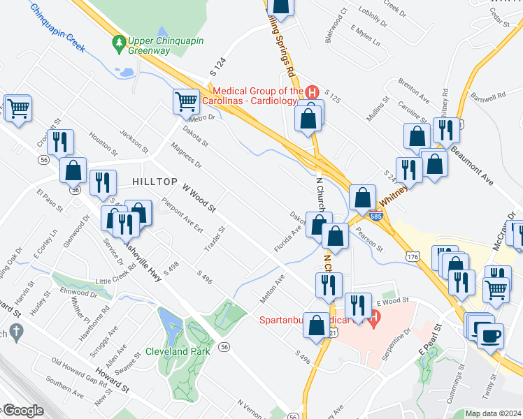 map of restaurants, bars, coffee shops, grocery stores, and more near 407 Magness Drive in Spartanburg