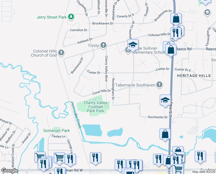 map of restaurants, bars, coffee shops, grocery stores, and more near 7582 Cherry Valley Boulevard in Southaven