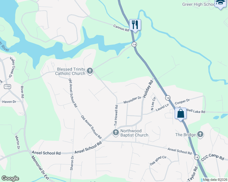 map of restaurants, bars, coffee shops, grocery stores, and more near 100 Tot Howell Road in Greer