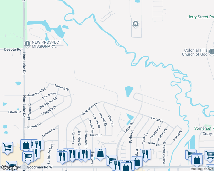 map of restaurants, bars, coffee shops, grocery stores, and more near 7606 Lynn Cove in Horn Lake