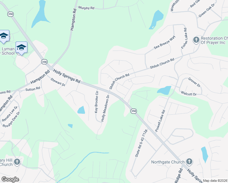 map of restaurants, bars, coffee shops, grocery stores, and more near 107 Holly Meadows Drive in Lyman