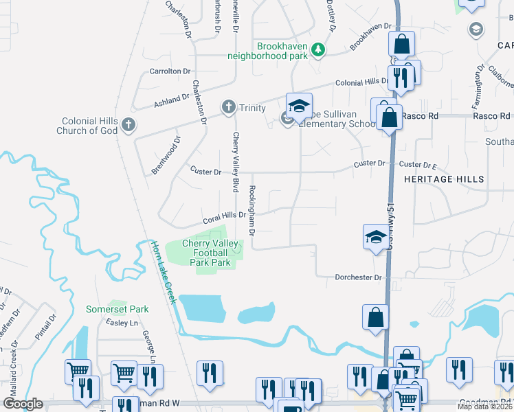 map of restaurants, bars, coffee shops, grocery stores, and more near 1924 Coral Hills Drive in Southaven