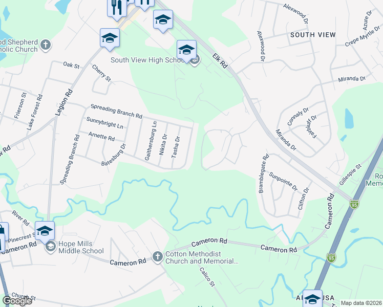 map of restaurants, bars, coffee shops, grocery stores, and more near 312-398 Culloden Pl in Hope Mills