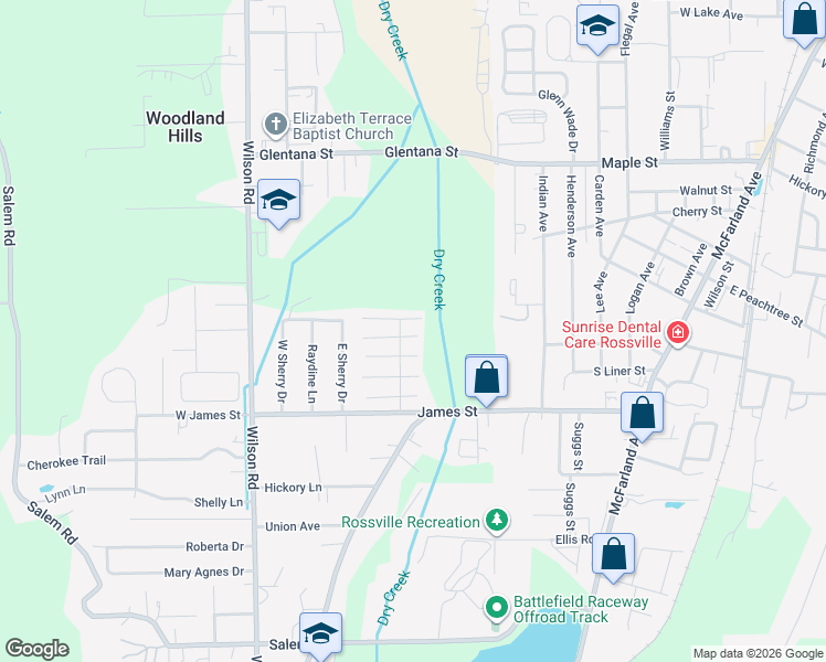 map of restaurants, bars, coffee shops, grocery stores, and more near 601 James Street in Rossville