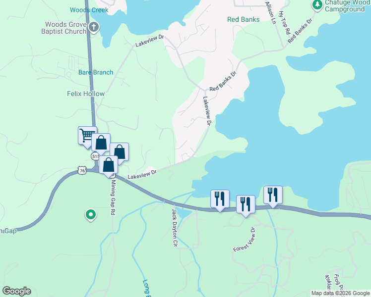 map of restaurants, bars, coffee shops, grocery stores, and more near 1724A Water Crest Way in Young Harris
