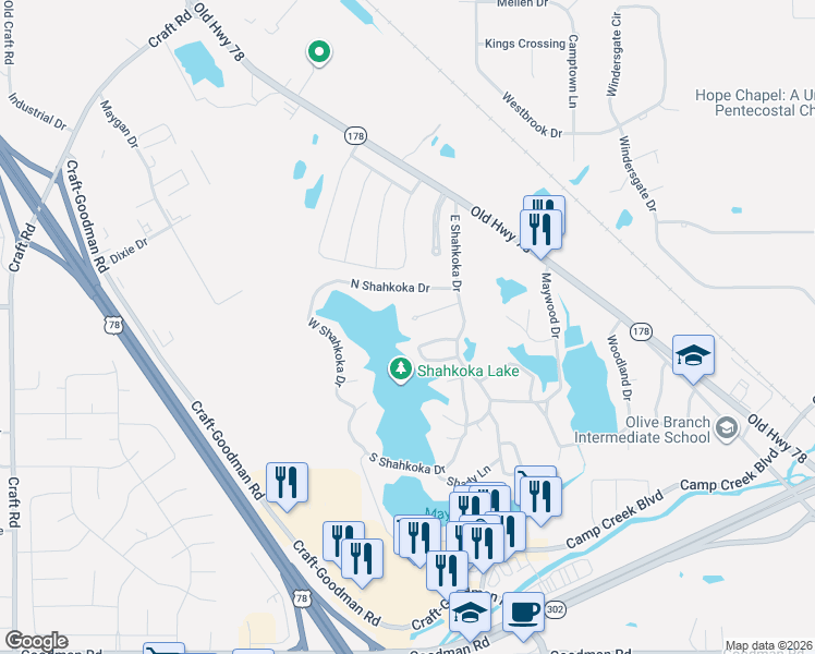 map of restaurants, bars, coffee shops, grocery stores, and more near 7915 Mimosa Drive in Olive Branch