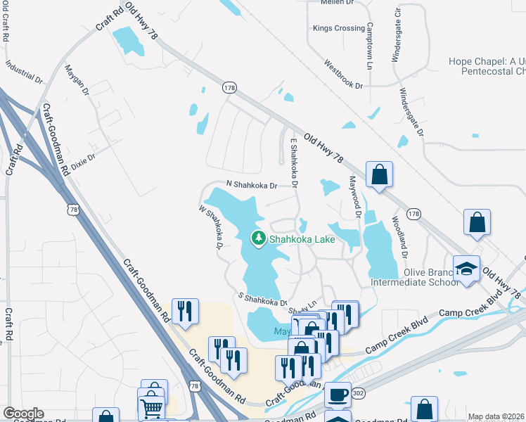 map of restaurants, bars, coffee shops, grocery stores, and more near 7915 Mimosa Drive in Olive Branch