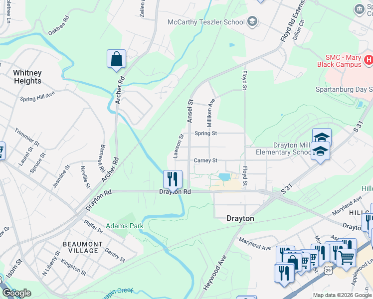 map of restaurants, bars, coffee shops, grocery stores, and more near 4 Ansel Street in Spartanburg