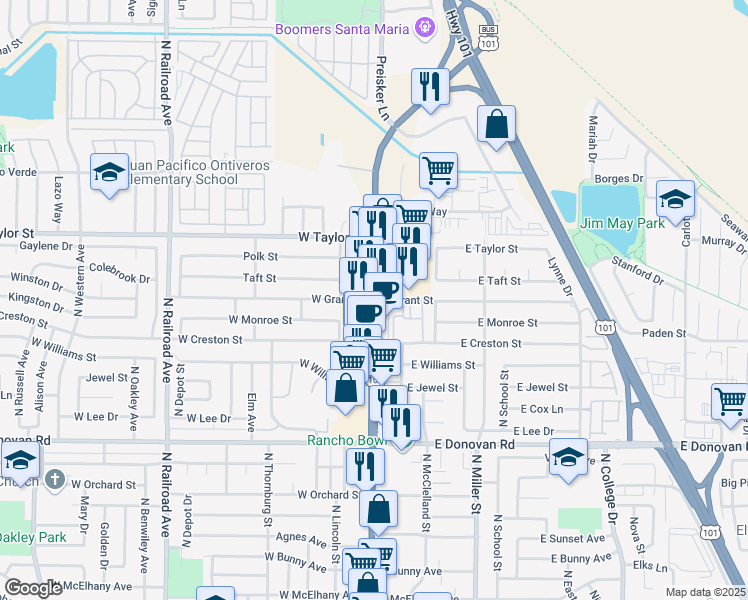 map of restaurants, bars, coffee shops, grocery stores, and more near North Broadway & Grant Street in Santa Maria