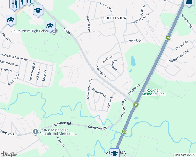 map of restaurants, bars, coffee shops, grocery stores, and more near 606 Bramblegate Road in Hope Mills