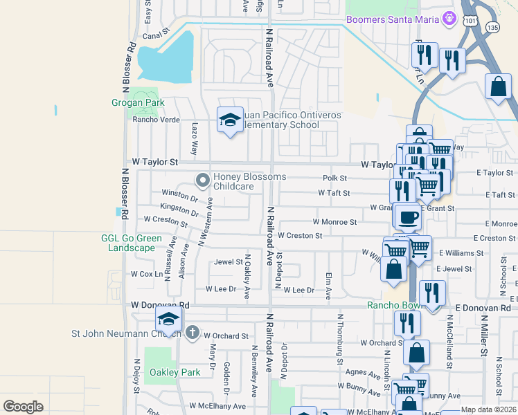 map of restaurants, bars, coffee shops, grocery stores, and more near 1822 Alton Drive in Santa Maria