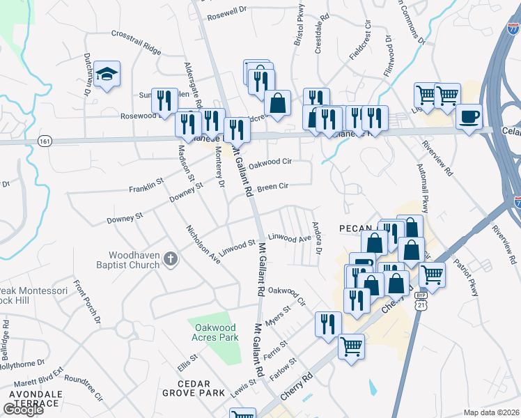 map of restaurants, bars, coffee shops, grocery stores, and more near 1607 Mount Gallant Road in Rock Hill