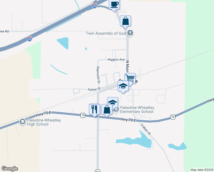 map of restaurants, bars, coffee shops, grocery stores, and more near 115-199 West Parker Avenue in Palestine