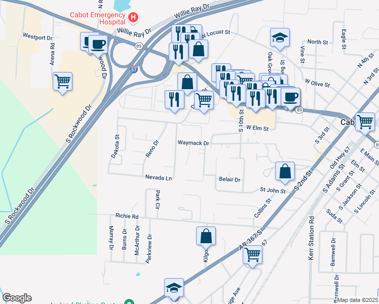 map of restaurants, bars, coffee shops, grocery stores, and more near 507 Waymack Cove in Cabot