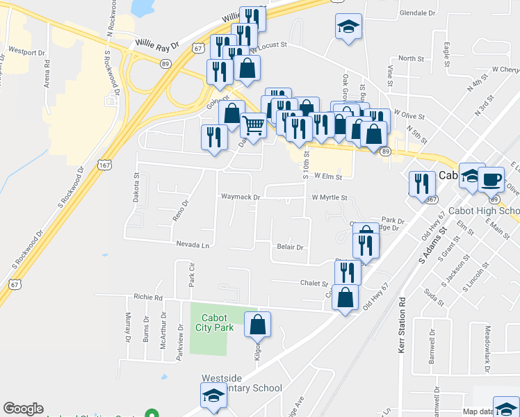 map of restaurants, bars, coffee shops, grocery stores, and more near 105 Rodney Guthrie Drive in Cabot