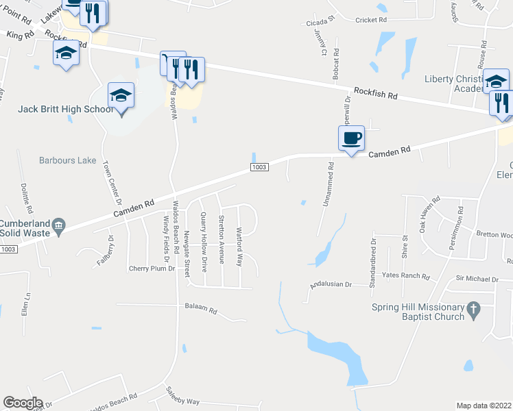 map of restaurants, bars, coffee shops, grocery stores, and more near 2438 Market Hill Drive in Fayetteville