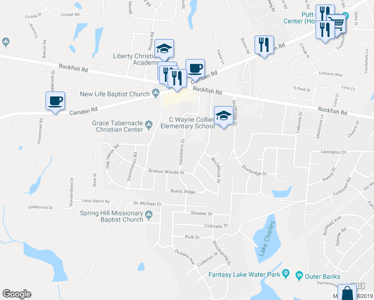 map of restaurants, bars, coffee shops, grocery stores, and more near 6239 Hackberry Drive in Hope Mills