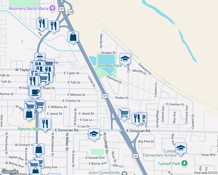 map of restaurants, bars, coffee shops, grocery stores, and more near 1839 Berkeley Way in Santa Maria