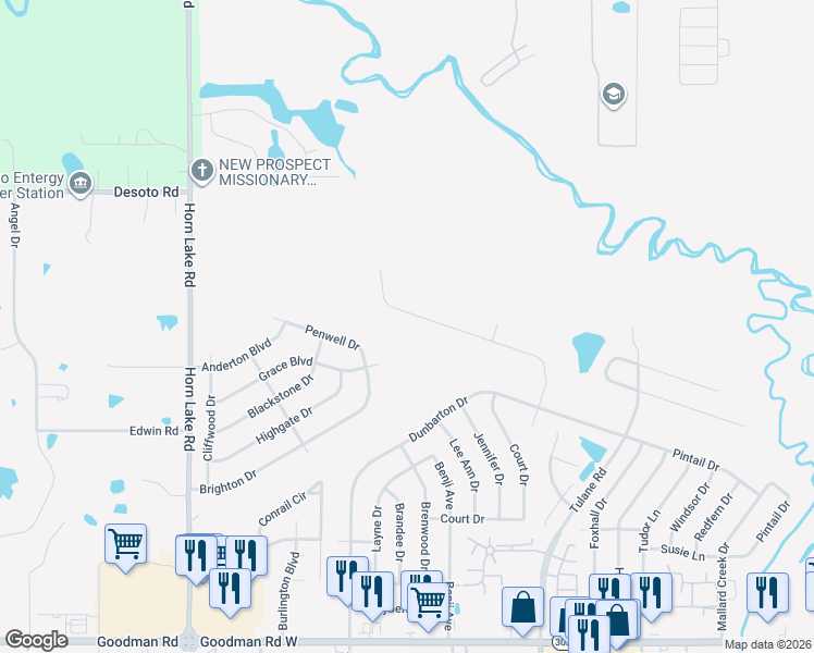 map of restaurants, bars, coffee shops, grocery stores, and more near 7615 Woodshire Drive in Horn Lake