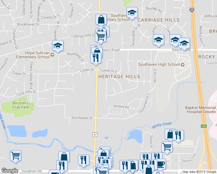 map of restaurants, bars, coffee shops, grocery stores, and more near 7688 Davis Parkway in Southaven