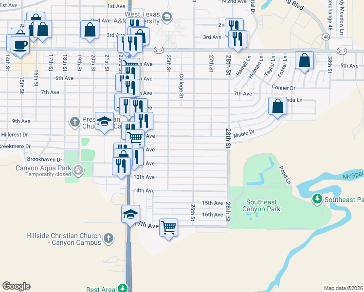 map of restaurants, bars, coffee shops, grocery stores, and more near 2516 11th Avenue in Canyon