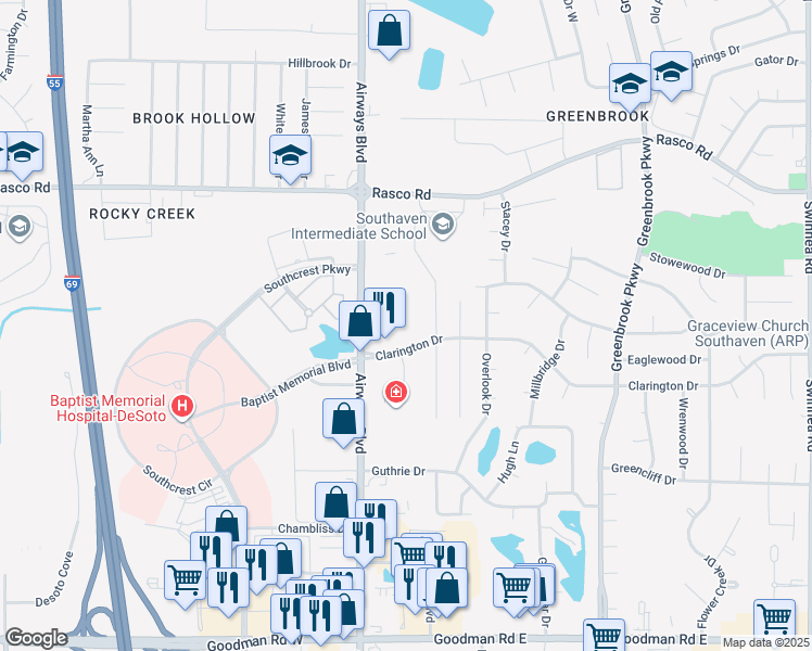 map of restaurants, bars, coffee shops, grocery stores, and more near 108 Clarington Drive in Southaven