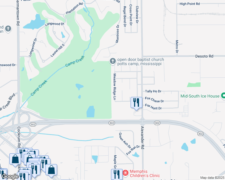 map of restaurants, bars, coffee shops, grocery stores, and more near 7705 Meadow Ridge Lane in Olive Branch