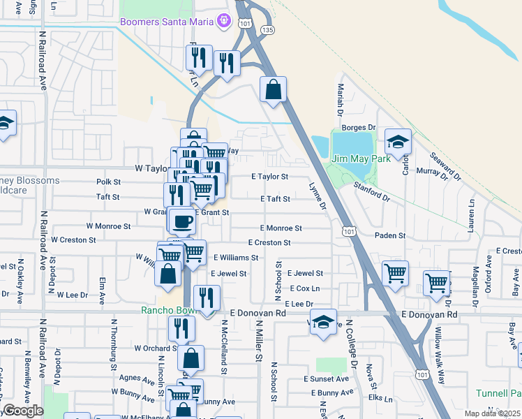 map of restaurants, bars, coffee shops, grocery stores, and more near 408 East Grant Street in Santa Maria