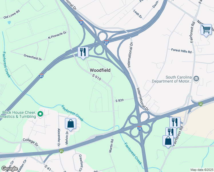 map of restaurants, bars, coffee shops, grocery stores, and more near 6104 Woodfield Circle in Spartanburg