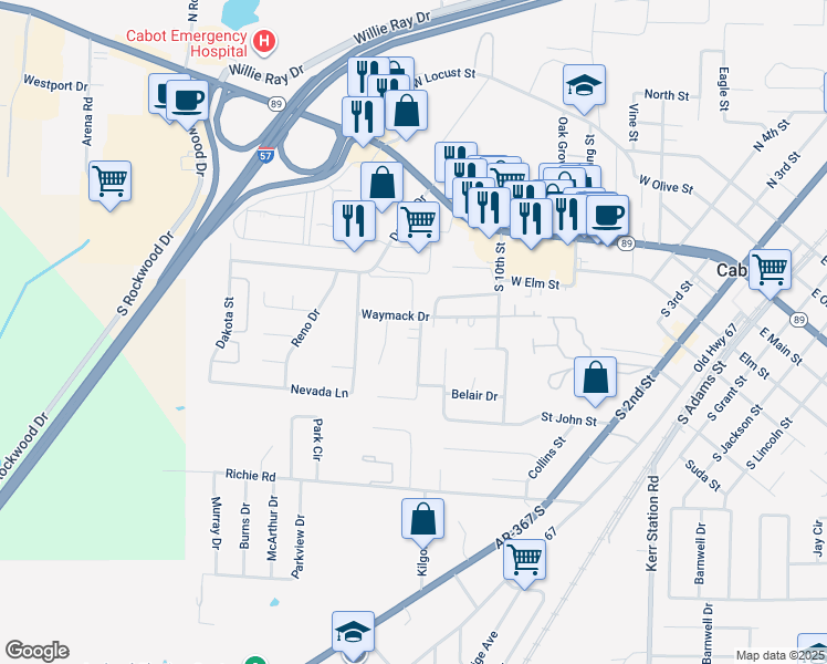 map of restaurants, bars, coffee shops, grocery stores, and more near 507 Waymack Cove in Cabot