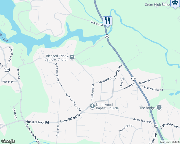 map of restaurants, bars, coffee shops, grocery stores, and more near 100 Tot Howell Road in Greer