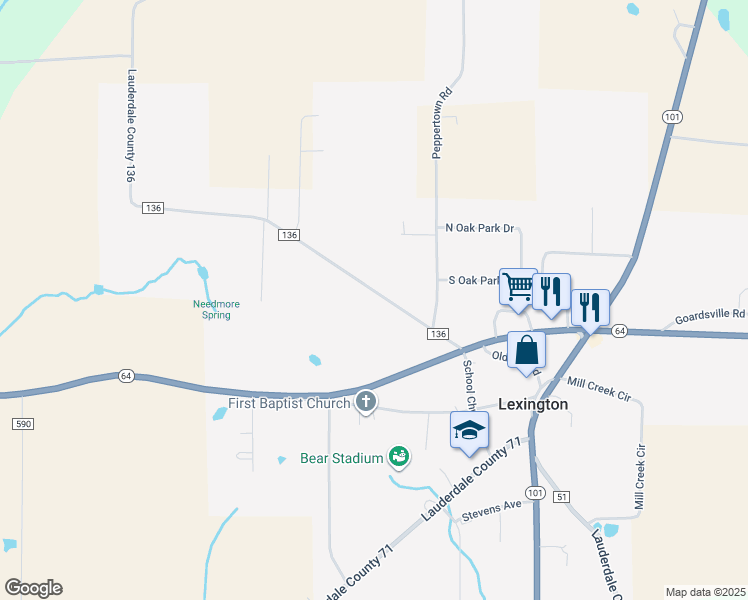 map of restaurants, bars, coffee shops, grocery stores, and more near 5054 County Road 136 in Lexington