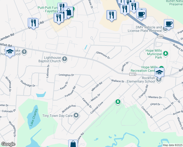 map of restaurants, bars, coffee shops, grocery stores, and more near 5935 Lexington Drive in Hope Mills