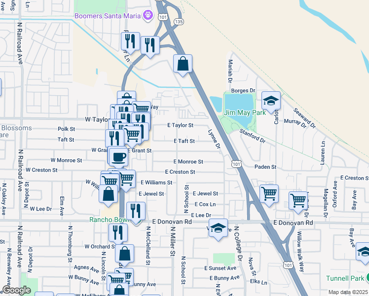 map of restaurants, bars, coffee shops, grocery stores, and more near 413 East Grant Street in Santa Maria