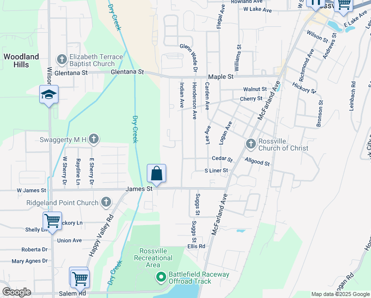 map of restaurants, bars, coffee shops, grocery stores, and more near 1113 Indian Avenue in Rossville