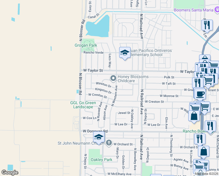 map of restaurants, bars, coffee shops, grocery stores, and more near 1024 Winston Drive in Santa Maria