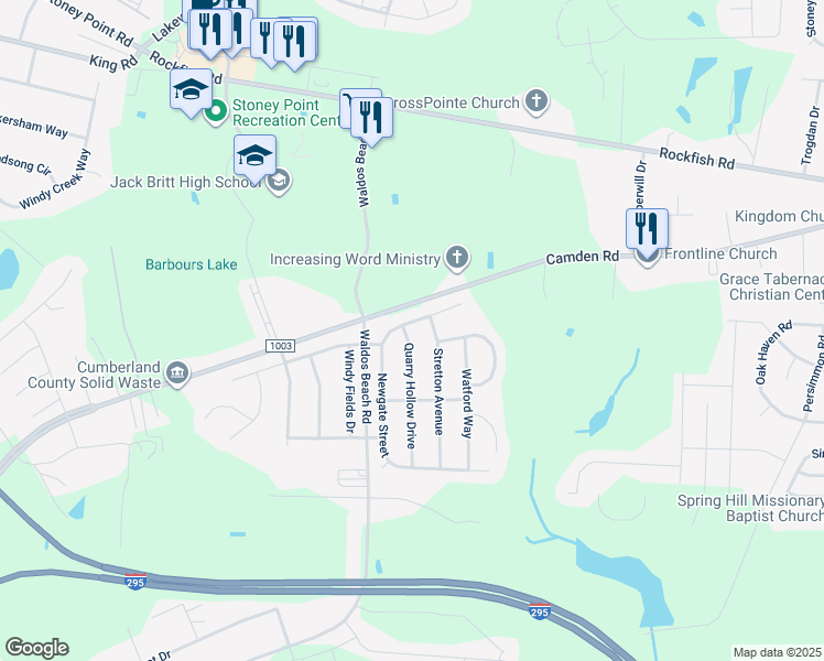 map of restaurants, bars, coffee shops, grocery stores, and more near 3837 Newgate Street in Fayetteville