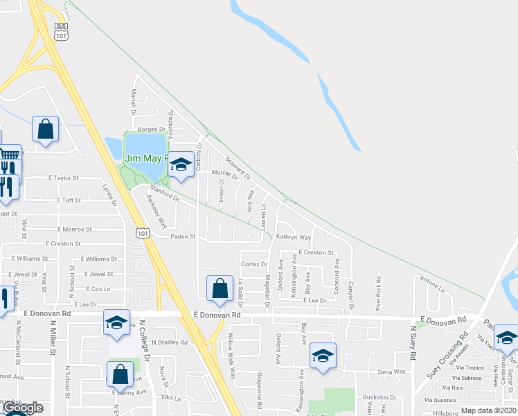map of restaurants, bars, coffee shops, grocery stores, and more near 1839 Lauren Street in Santa Maria
