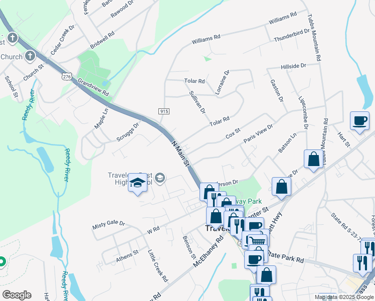 map of restaurants, bars, coffee shops, grocery stores, and more near in Travelers Rest