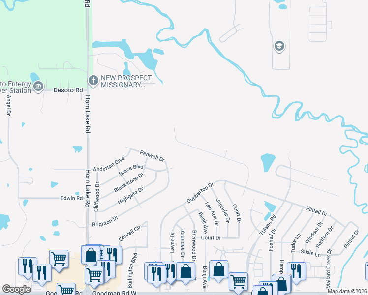 map of restaurants, bars, coffee shops, grocery stores, and more near 7615 Woodshire Drive in Horn Lake
